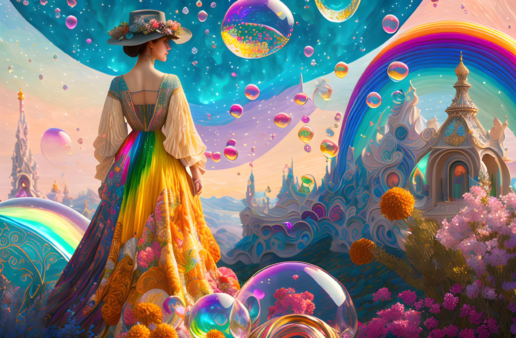 Colorful woman in flowing dress in whimsical landscape with bubbles and rainbows