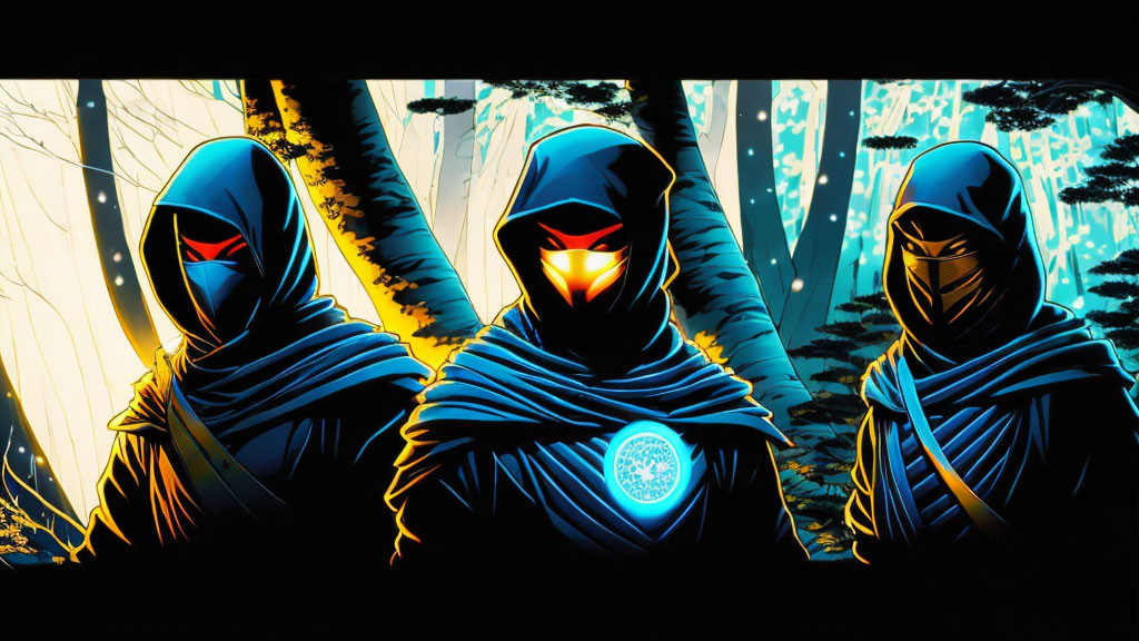 Mysterious masked figures in cloaks illuminated in forest.