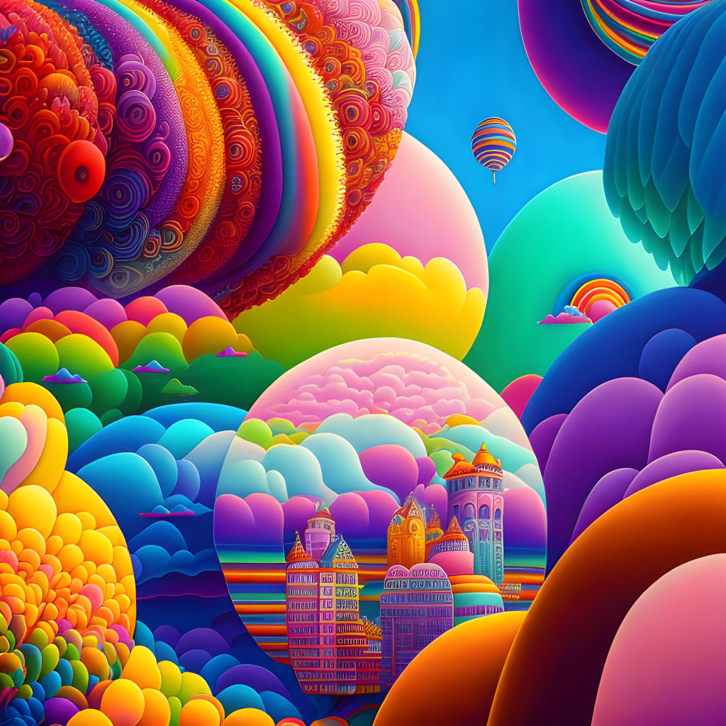 Colorful digital artwork: Whimsical landscapes, swirling patterns, floating balloons, dreamlike architecture,