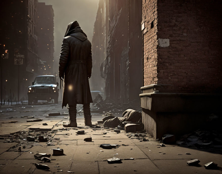 Hooded figure in desolate urban street with sunlight piercing haze