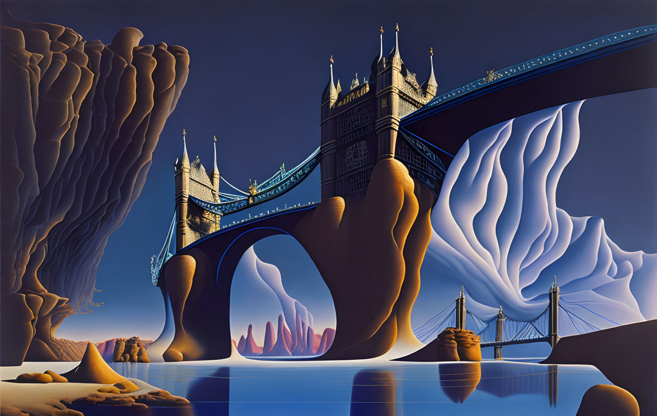 Surreal painting: Tower Bridge, giant human-like fingers, abstract organic forms