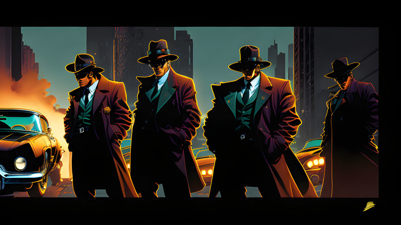 Four men in trench coats and fedoras at dusk in a cityscape with classic car.