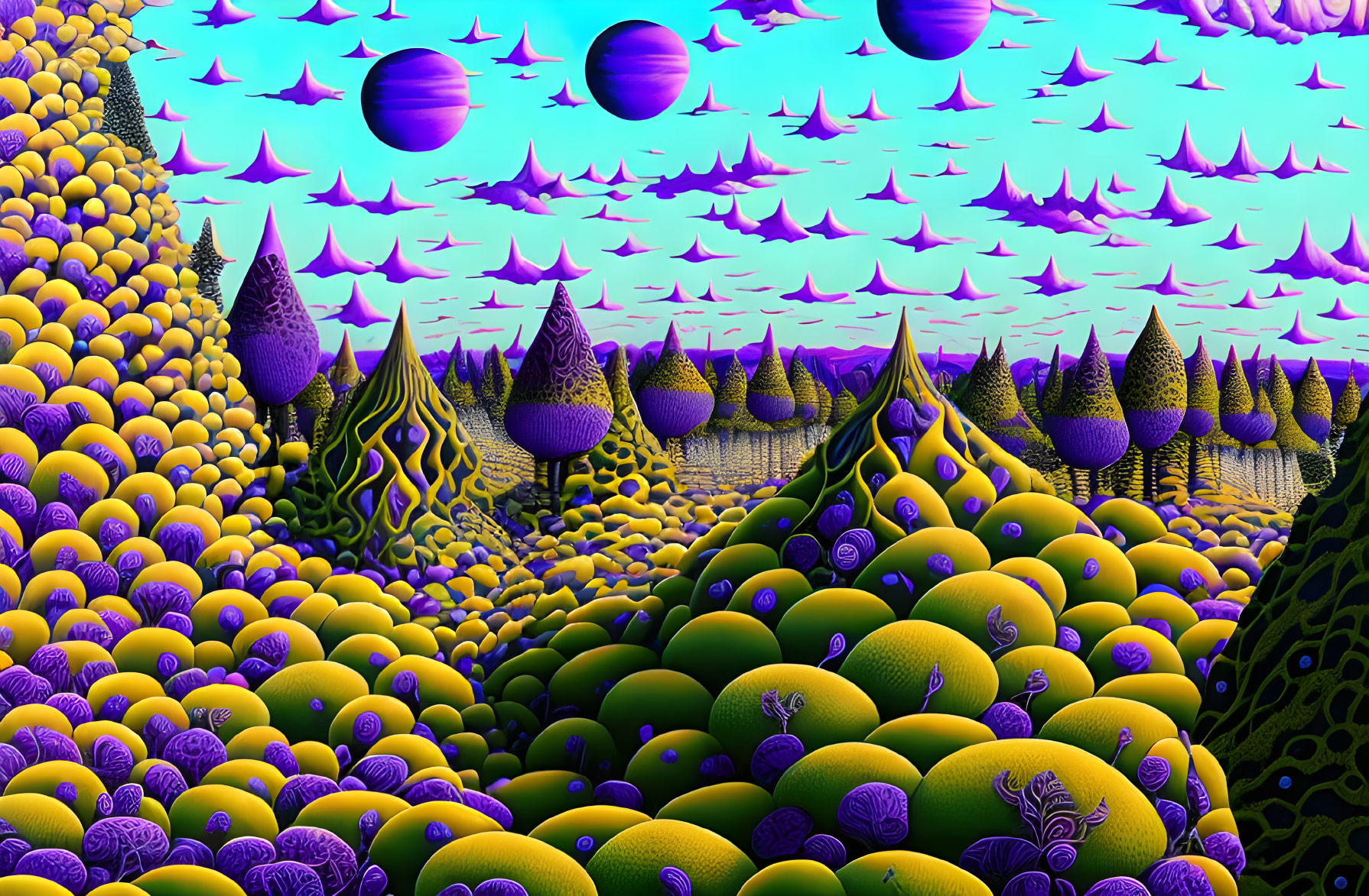 Surreal landscape: layered spheres, conical trees, patterned grounds, purple sky with planets