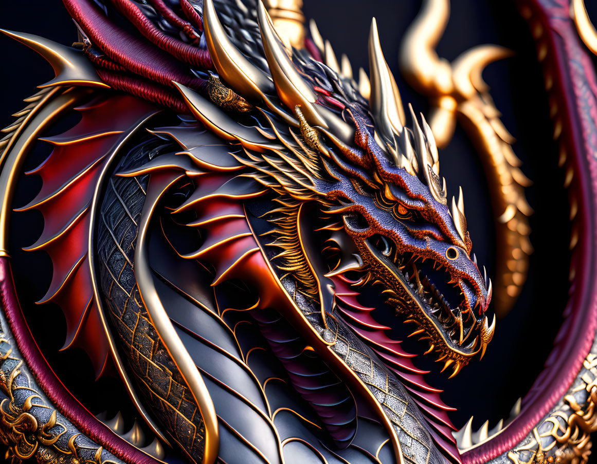 Detailed Dragon with Golden Horns and Red Accents on Dark Background