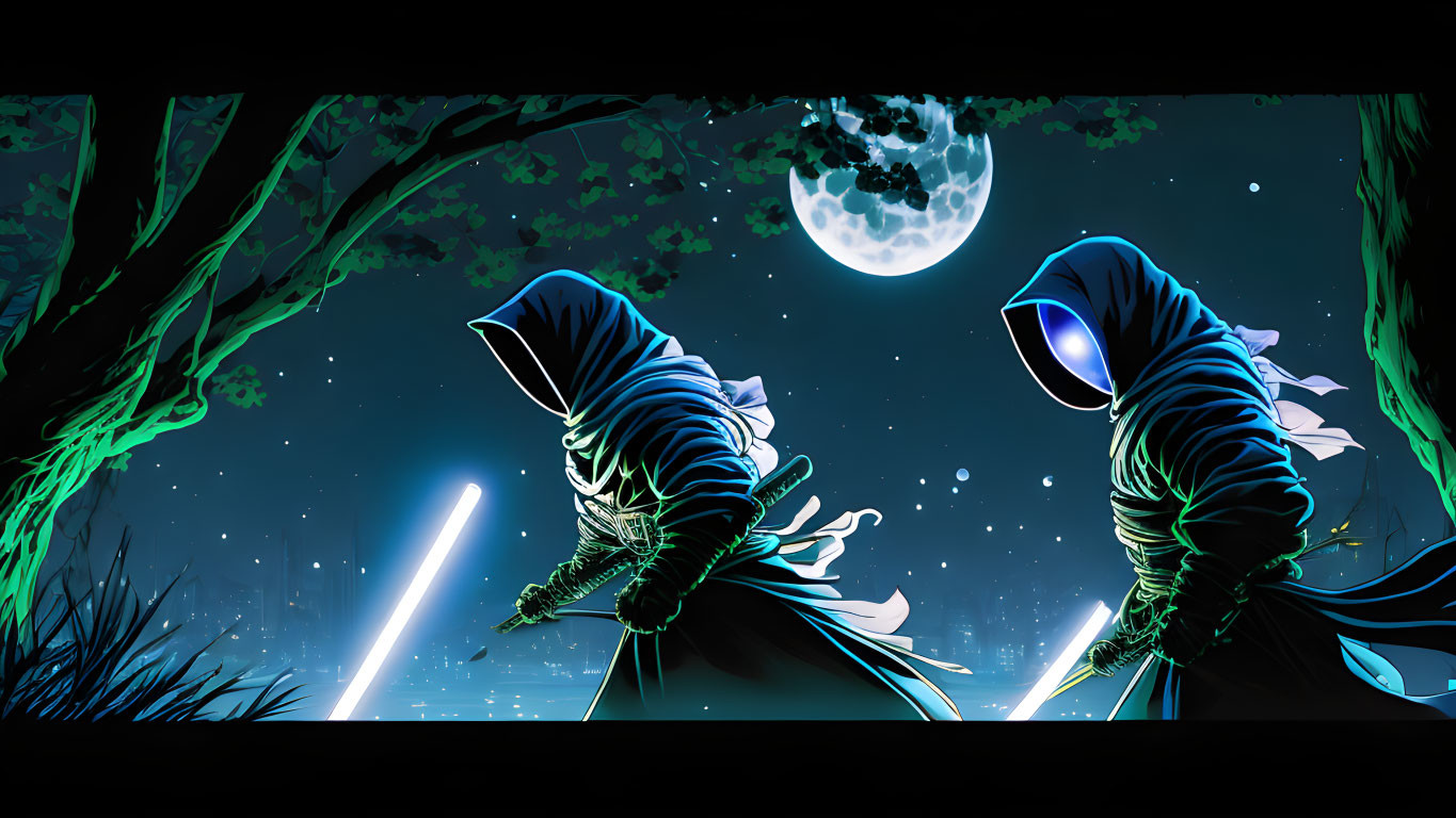 Hooded figures with glowing eyes and blue lightsabers in eerie forest