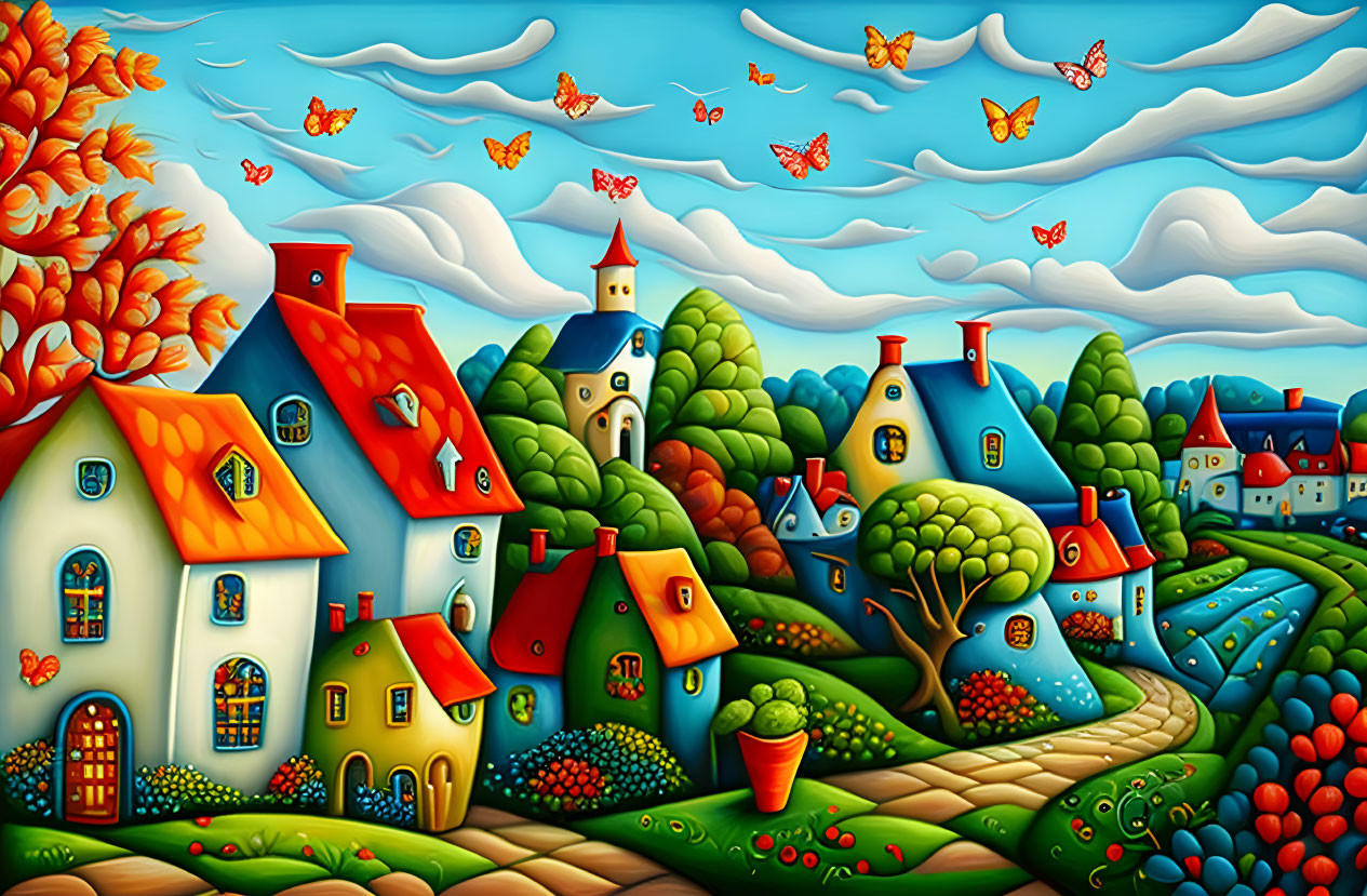 Colorful painting of whimsical village scene with rolling hills and butterflies