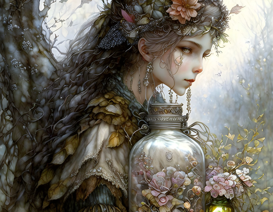 Fantasy illustration of woman with ornate headwear and lantern in ethereal forest