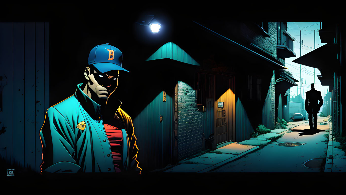 Man in cap and jacket in dark alley with shadowy figure under streetlight