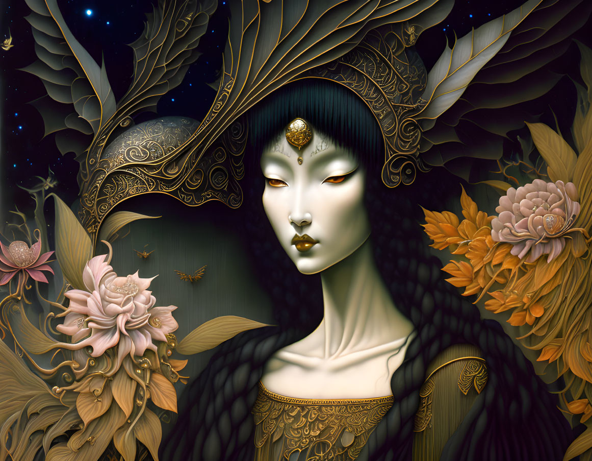 Detailed Artistic Illustration of Woman with Pale Skin, Dark Hair, Exotic Makeup, Floral Patterns