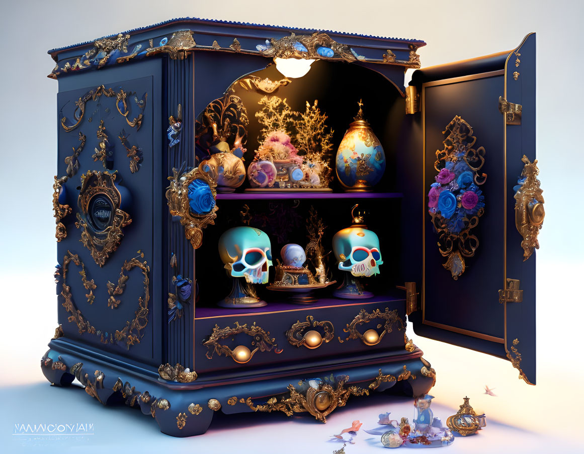 Navy Blue Ornate Cabinet with Open Door and Decorative Objects