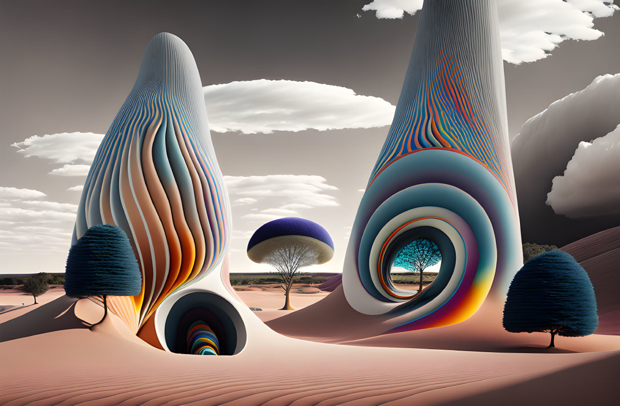 Surreal desert landscape with undulating structures, vibrant stripes, and stylized trees under cloudy sky