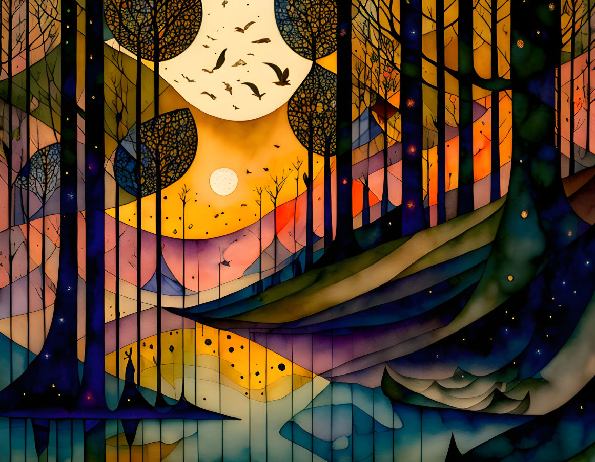 Vibrant geometric forest scene with moon, stars, and birds