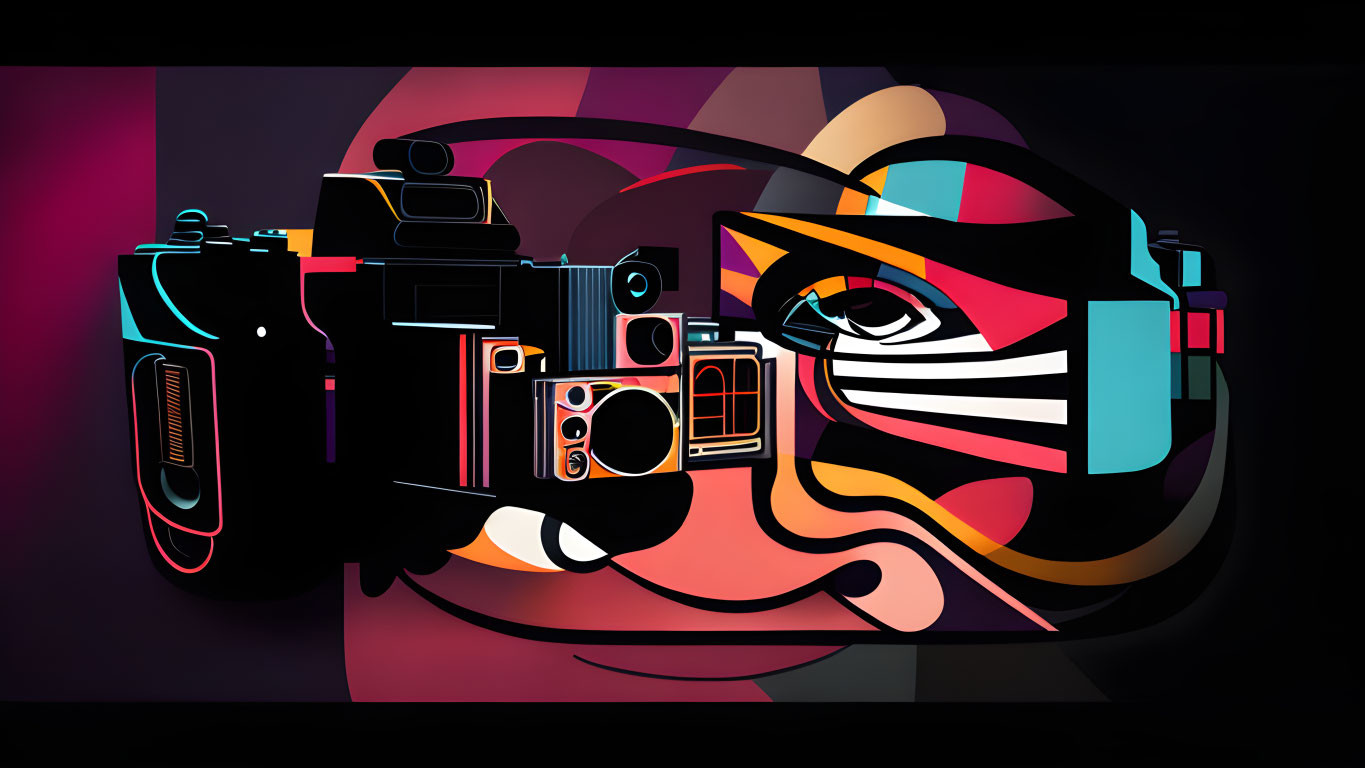 Abstract Camera and Human Face Fusion on Colorful Dark Background