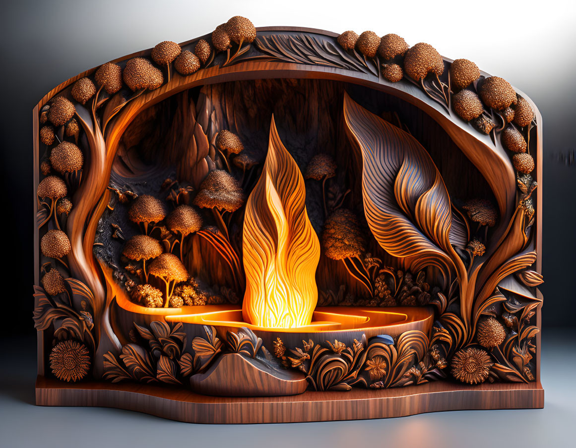 Detailed Wooden Fireplace with Foliage and Pinecone Motifs