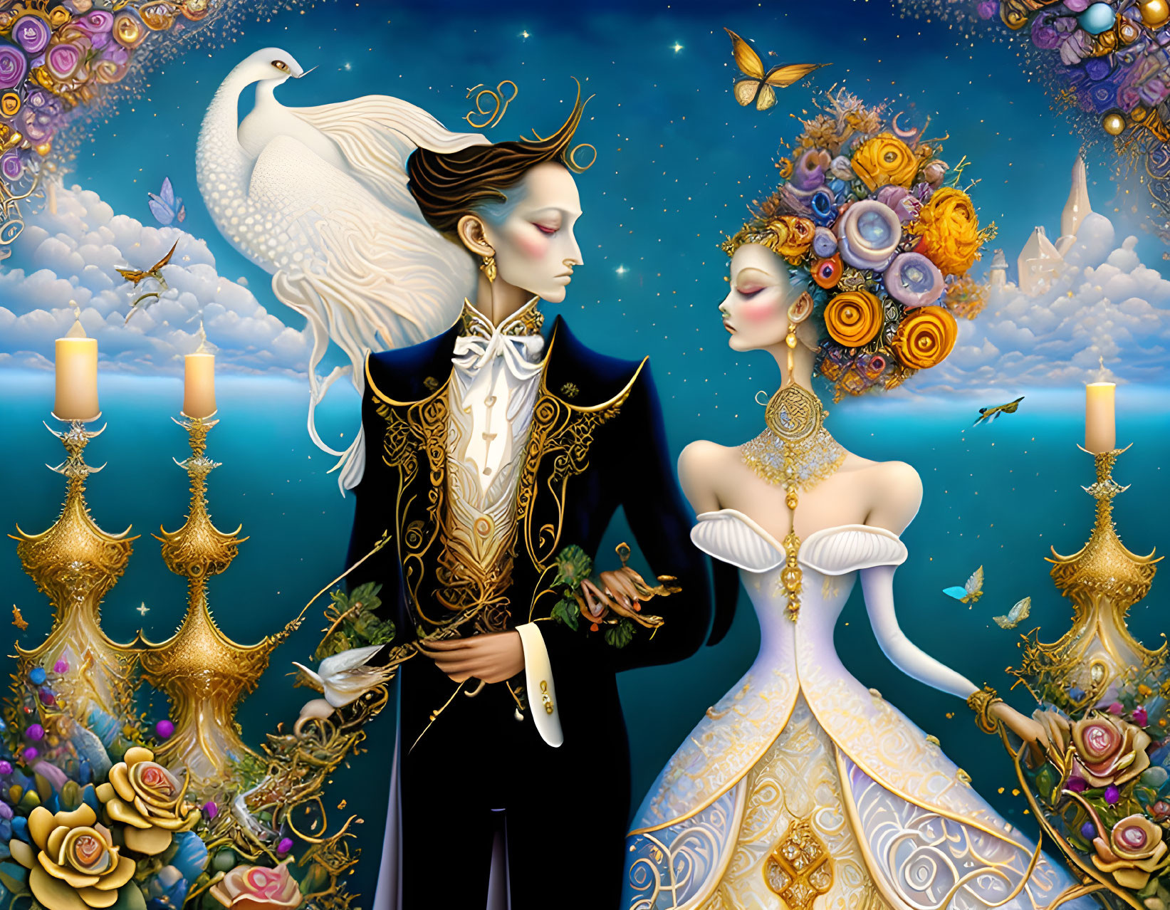 Regal couple with peacock, candles, and floating islands in fantastical illustration