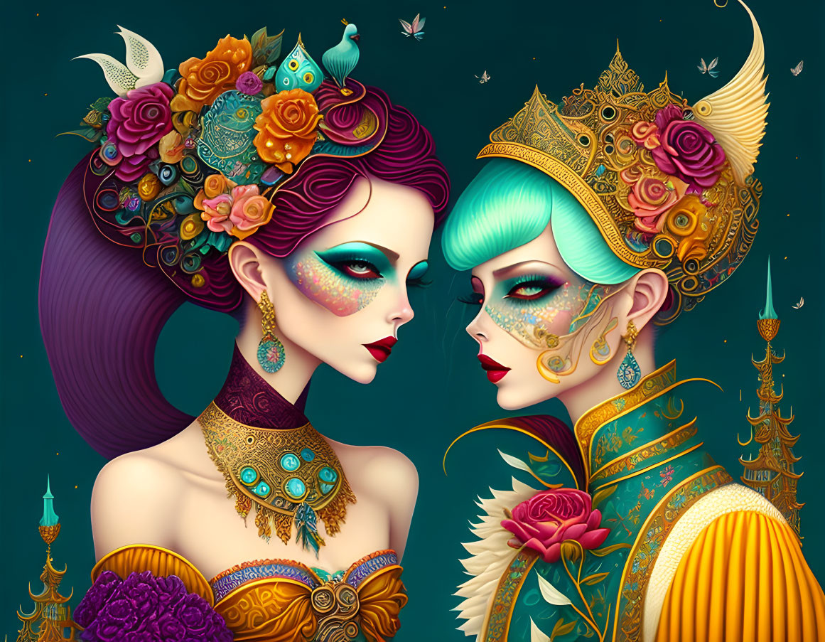 Stylized women with elaborate hairstyles and rich headdresses on teal background