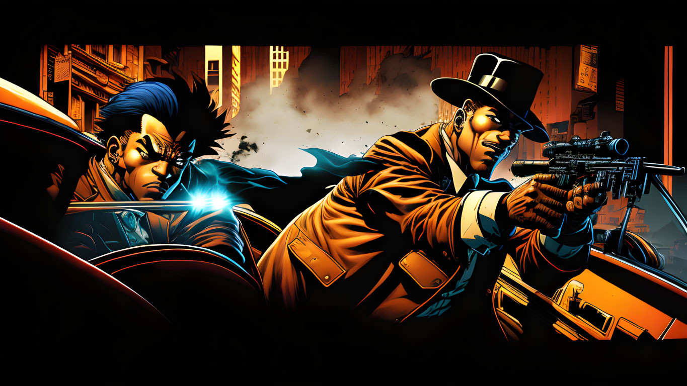 Stylized comic book characters in action at night with gun and determined look