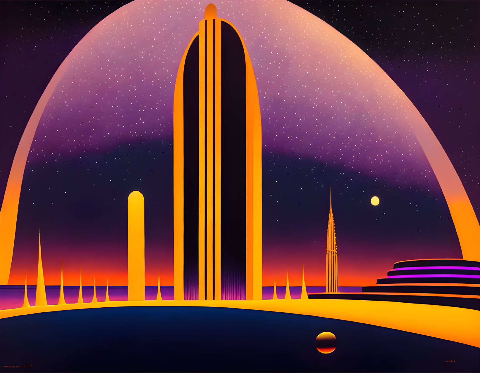 Stylized futuristic cityscape with skyscrapers, dome, and starry sky.