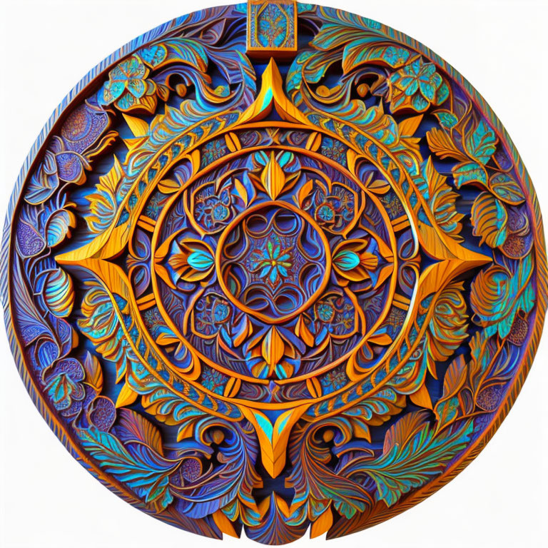 Circular Ornate Mandala with Blue, Orange, and Gold Patterns