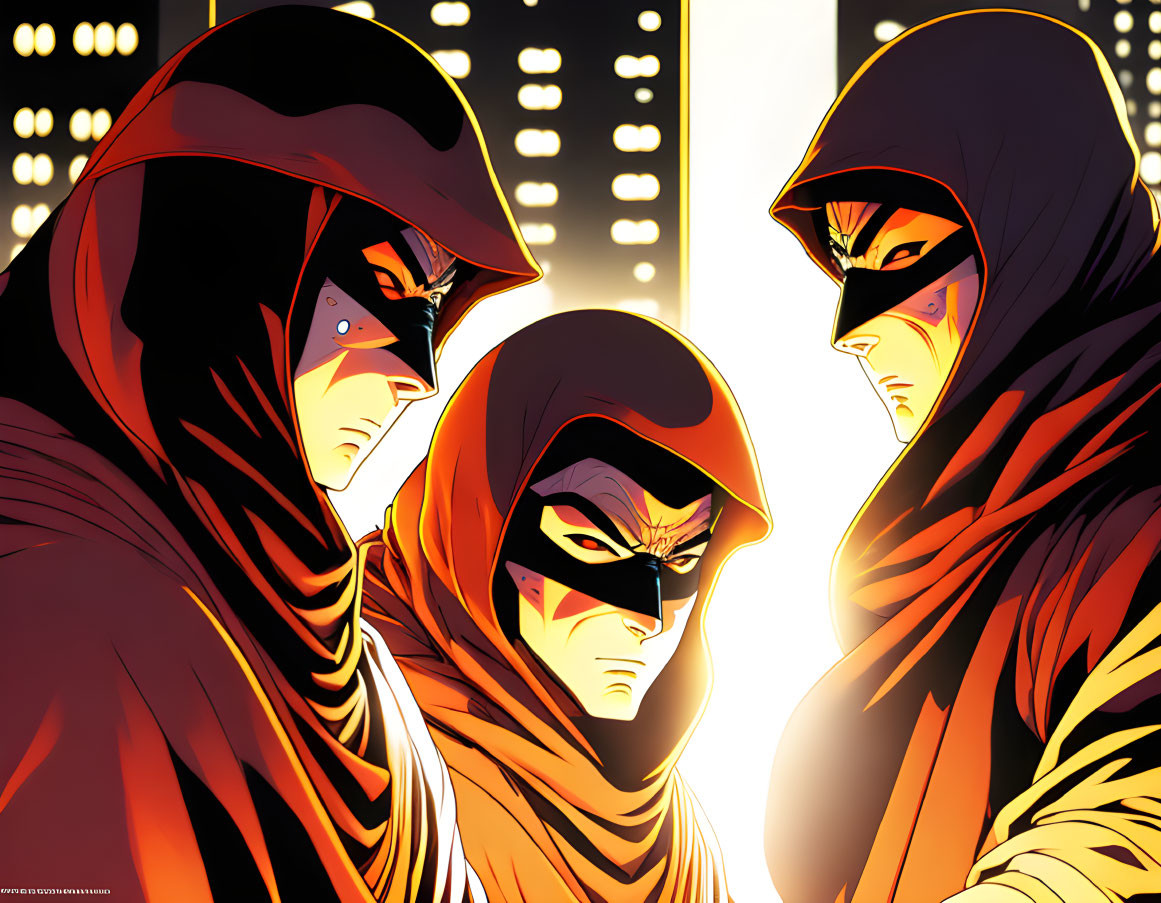 Animated ninja characters with red scarves and masks in glowing city lights