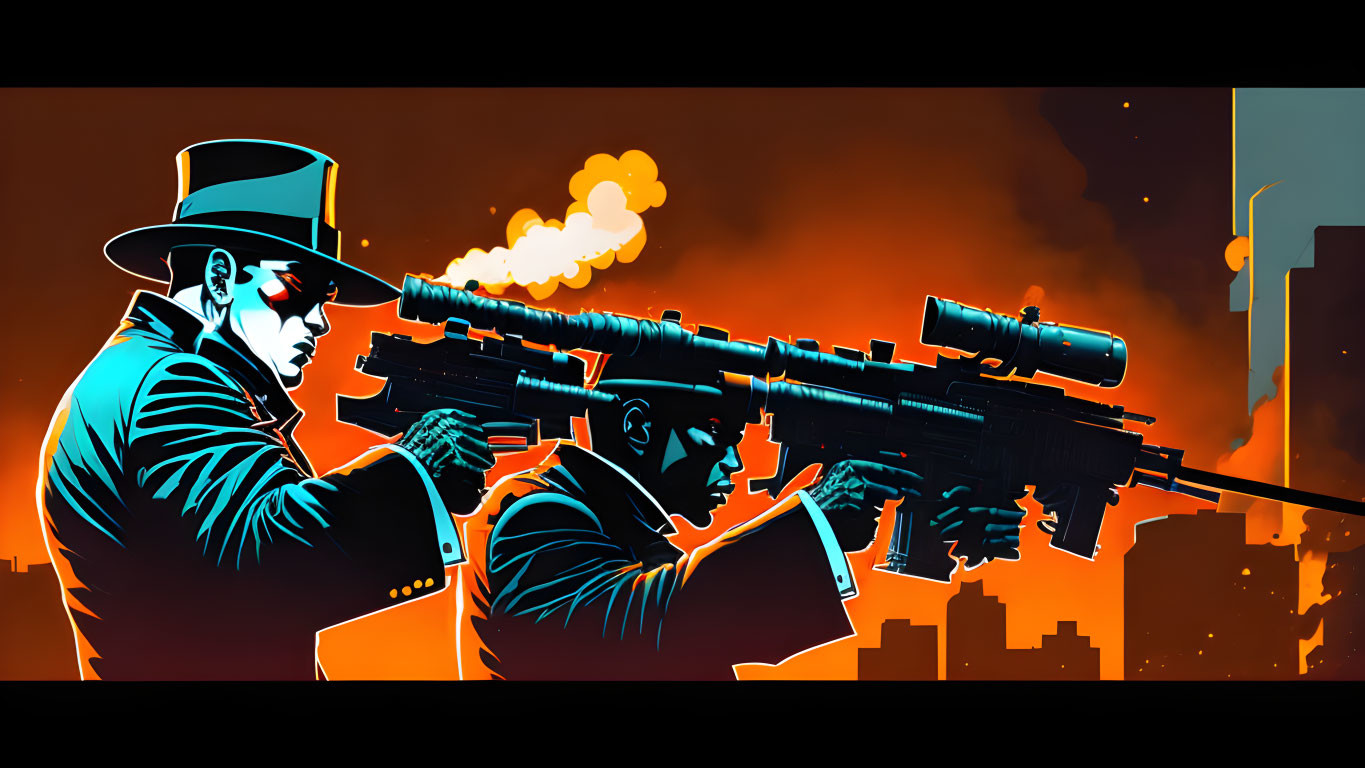 Stylized characters in suits with rifles in noir comic book style