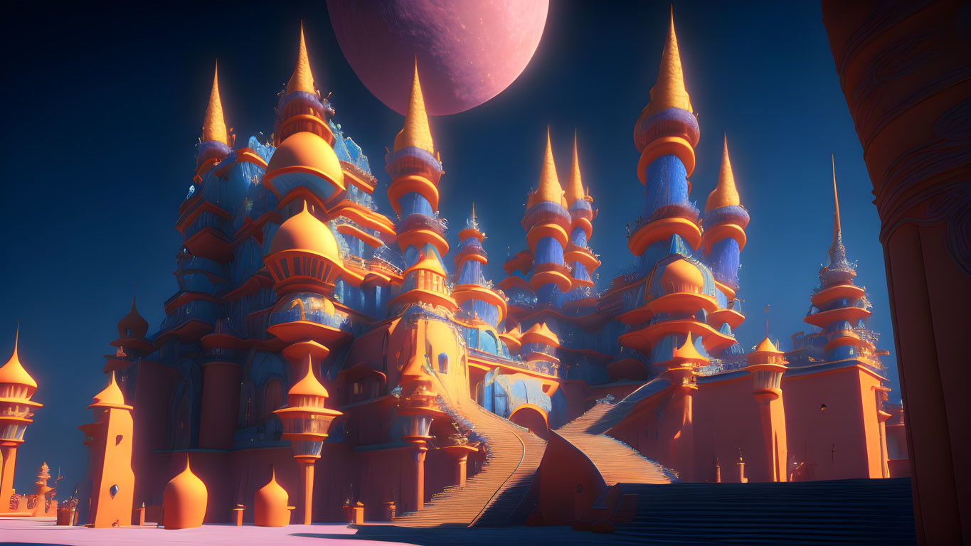 Fantasy castle with spires under pink sky and large moon, showcasing orange hues and shadowed walk