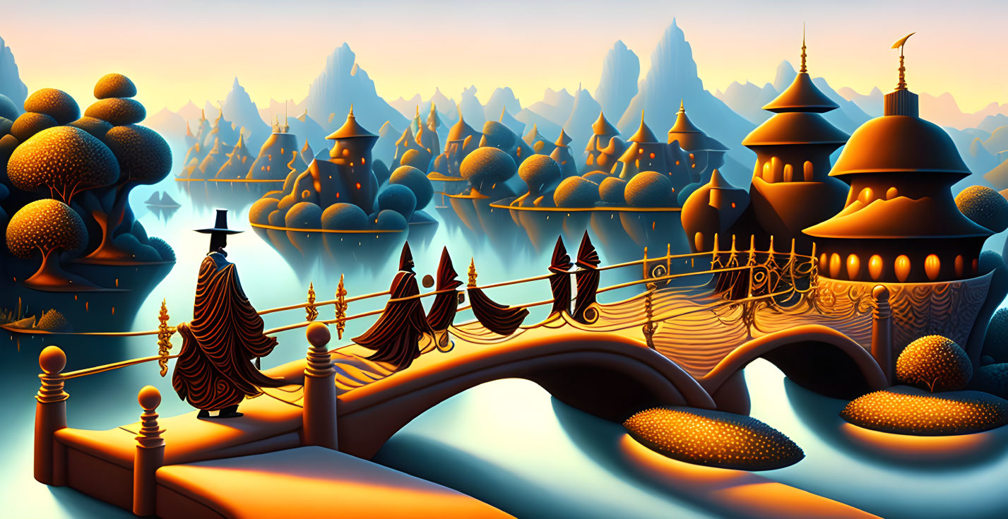 Stylized landscape with ornate bridges and fantastical architecture