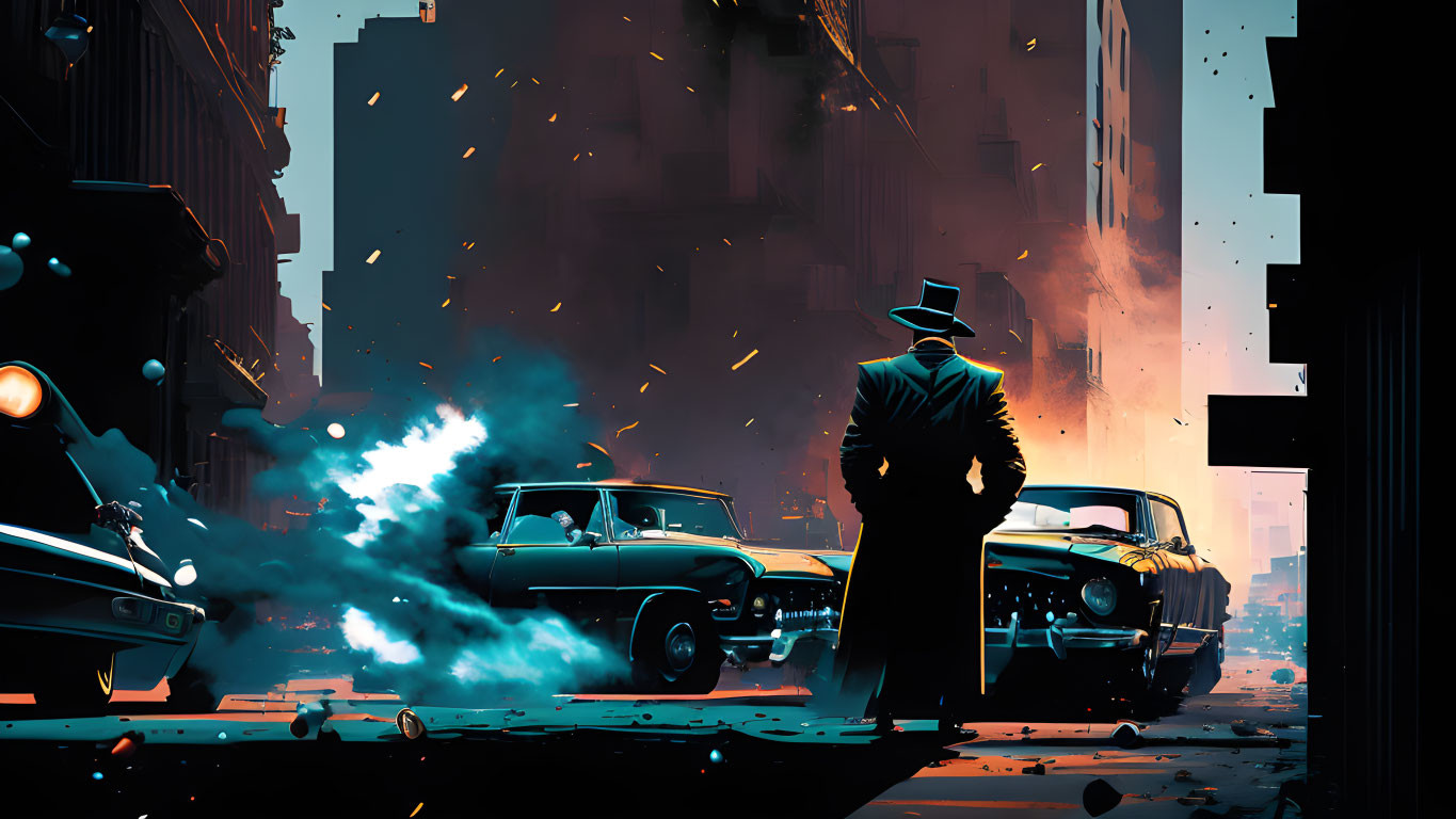 Noir-inspired illustration of silhouetted figure and vintage cars in explosion