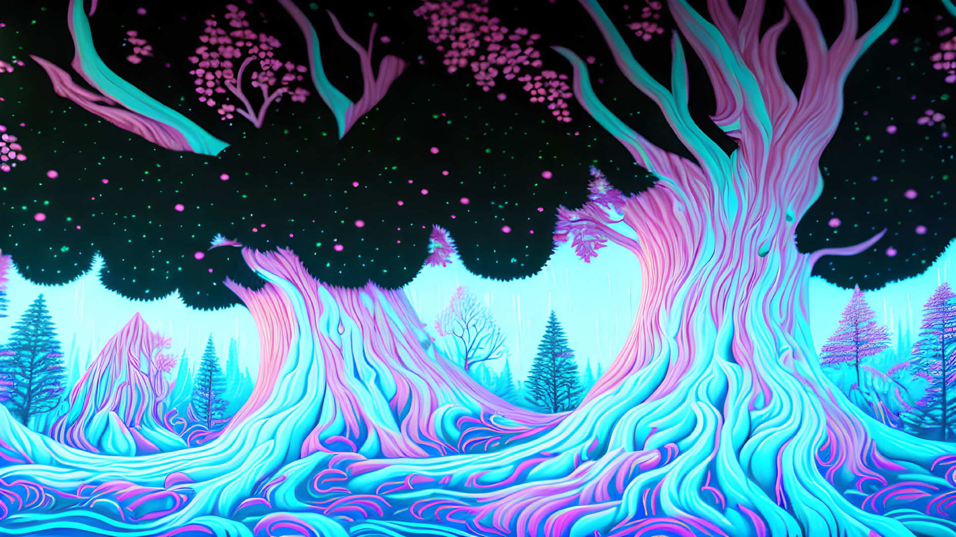 Colorful Fantasy Forest with Swirling Trunks and Starry Sky