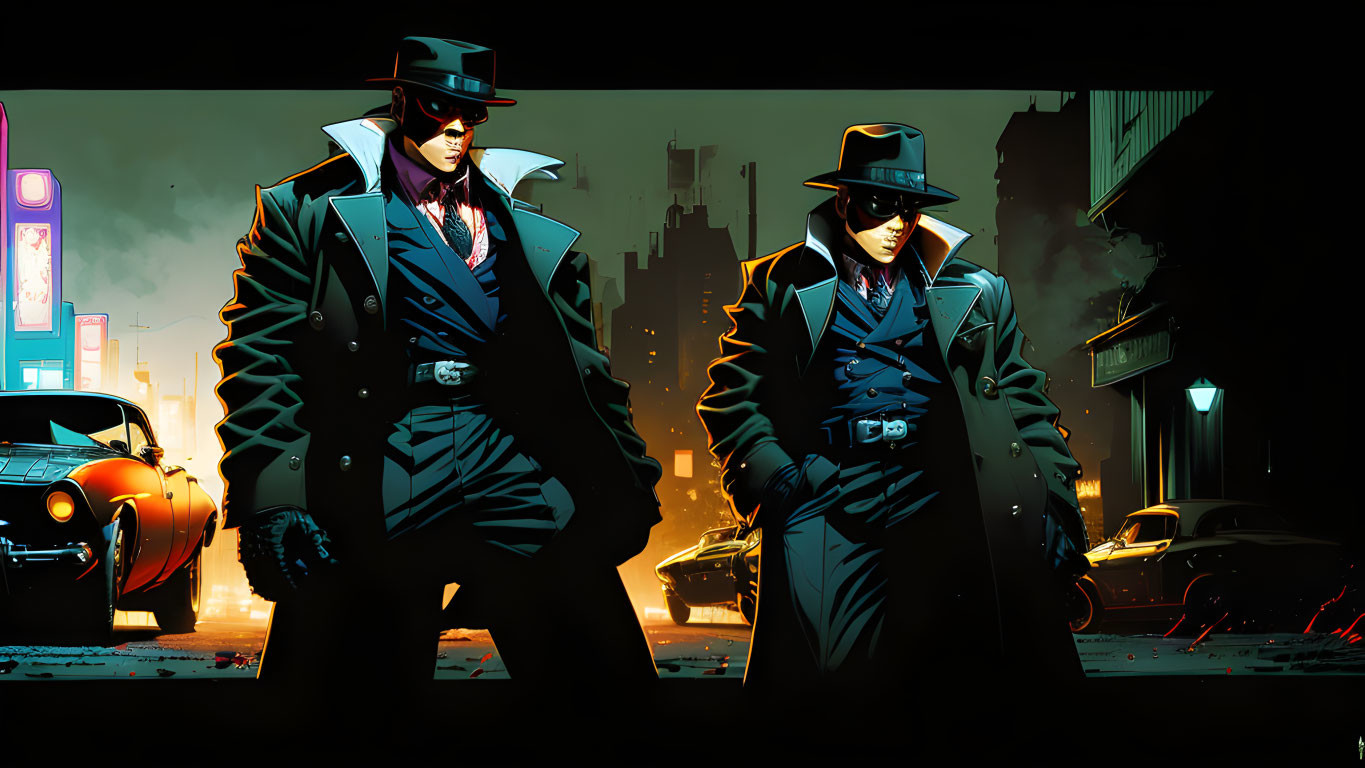 Stylish animated characters in trench coats and fedoras in gritty, neon-lit cityscape