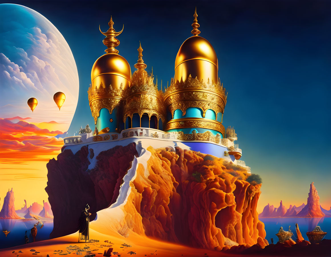 Golden domed palace on floating rock island with alien landscape and hot air balloons