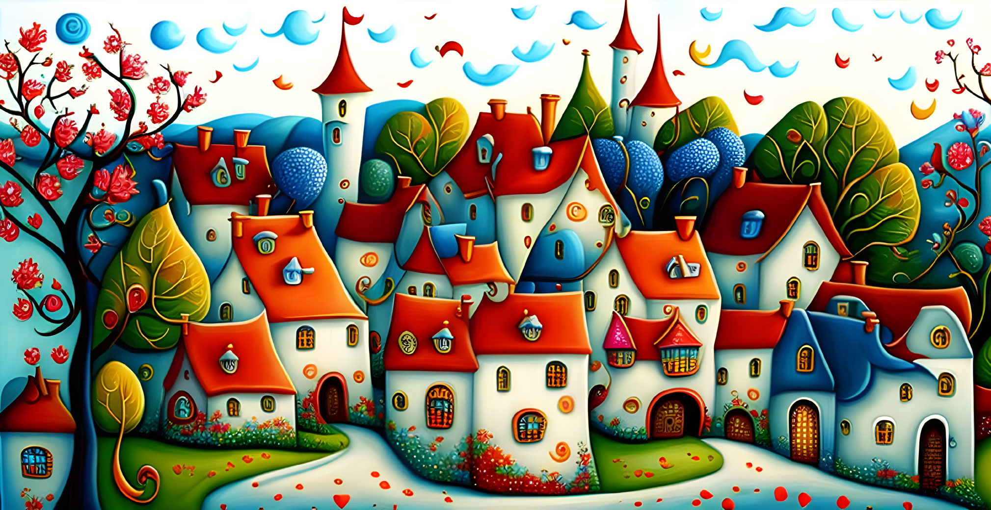 Colorful painting of whimsical village with quirky houses and patterned trees in vibrant sky