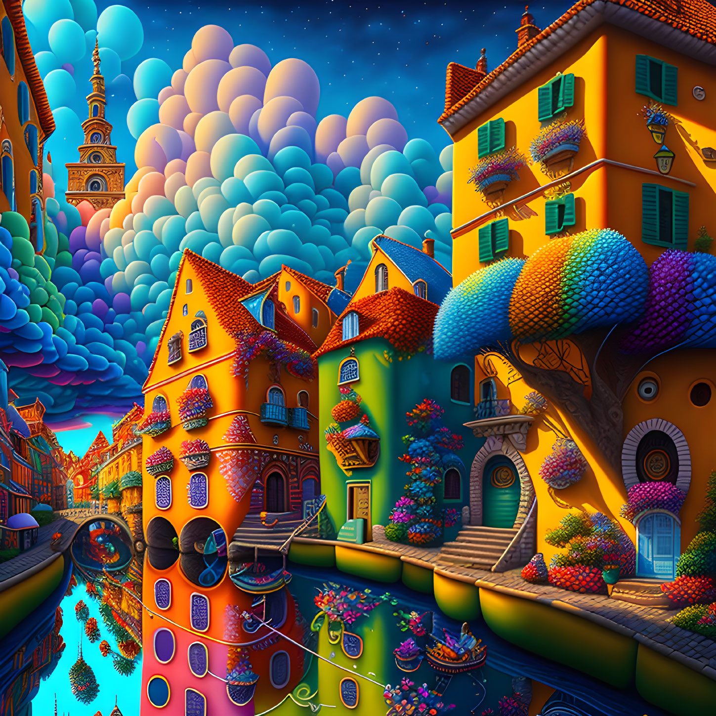 Colorful European Canal Scene Painting with Whimsical Architecture & Dreamy Clouds