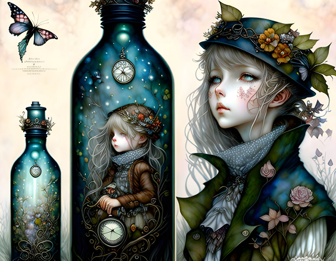 Split Illustration: Girl in Bottle with Butterfly & Girl with Floral Clockwork Decor