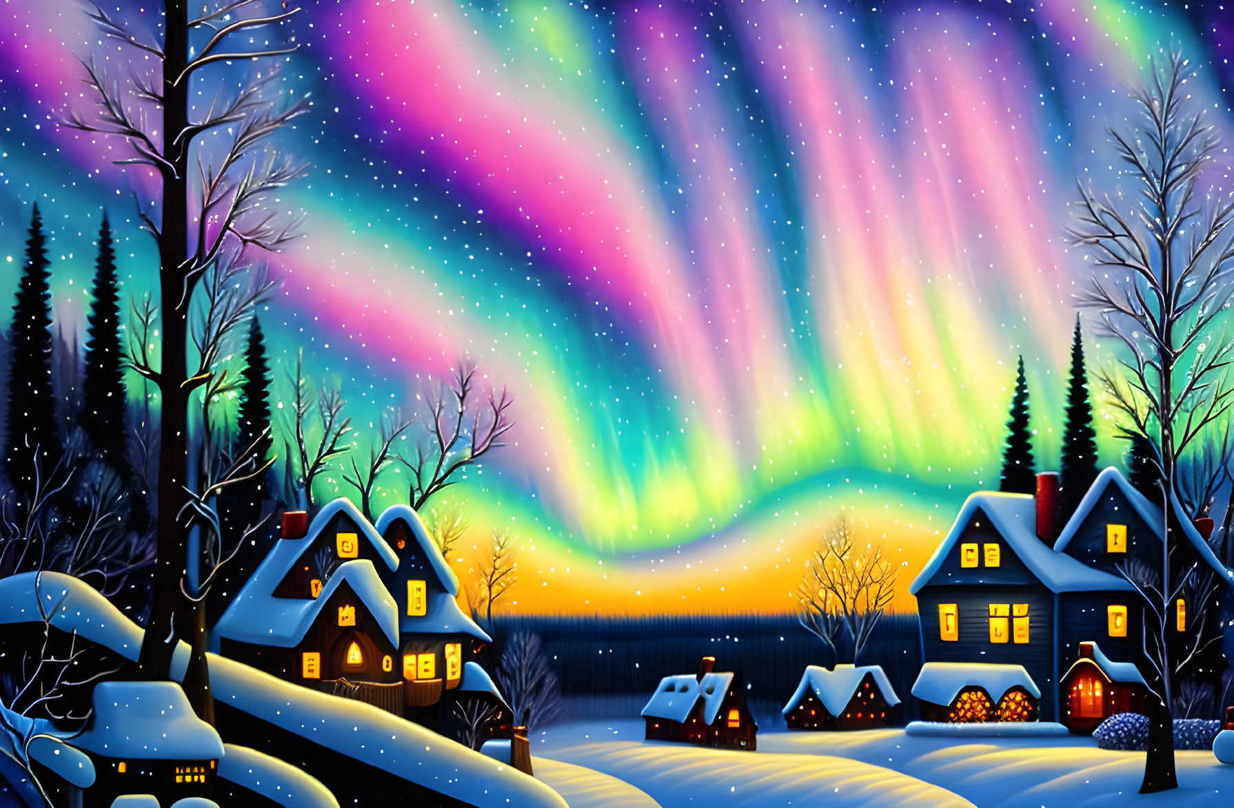 Vibrant aurora borealis above snowy houses in starry night forest.