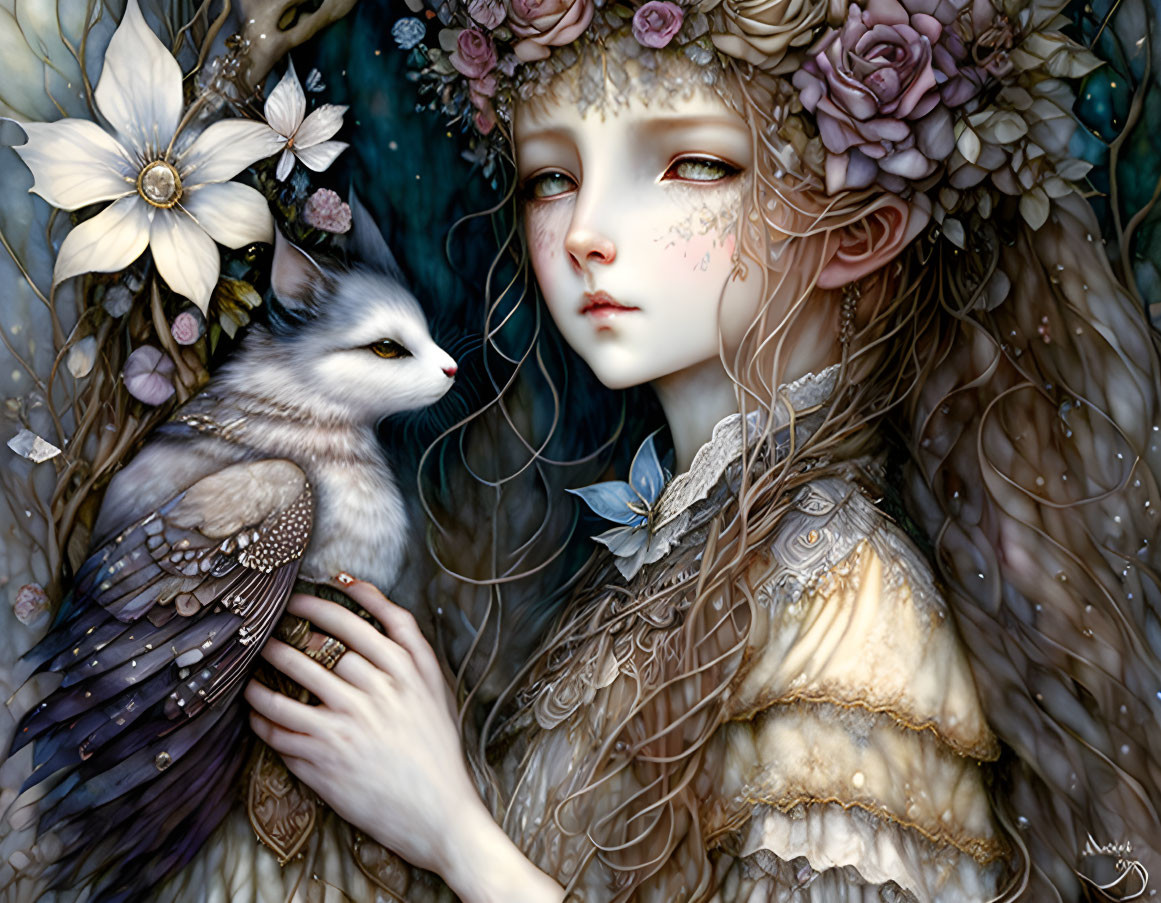 Fantasy illustration of girl with floral adornments holding winged fox