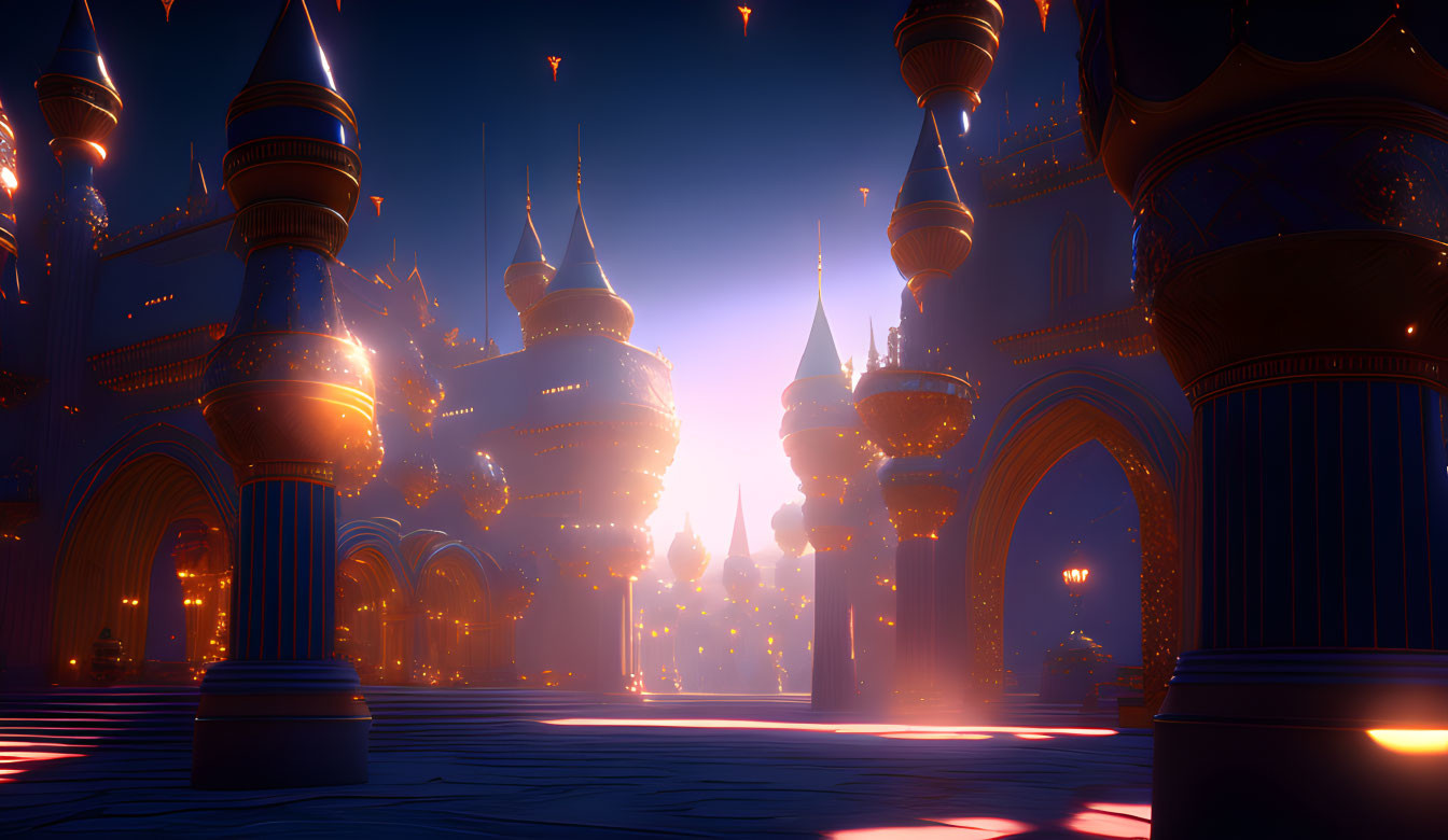 Mystical twilight castle with floating lanterns and glowing spires
