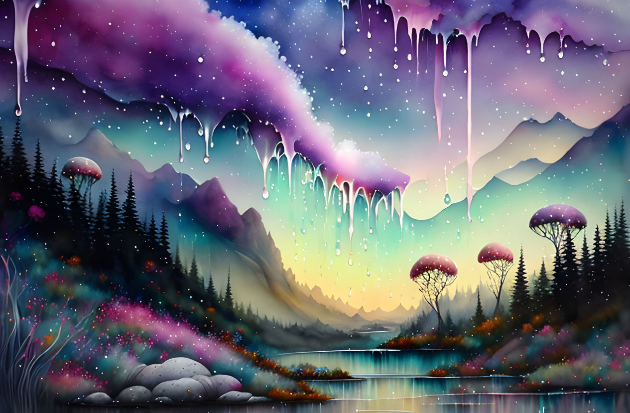 Colorful Fantasy Landscape with Starry Sky, Mountains, Lake, and Oversized Mushrooms