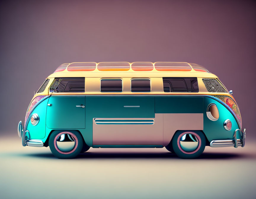 Retro-futuristic van with two-tone paint and panoramic windows