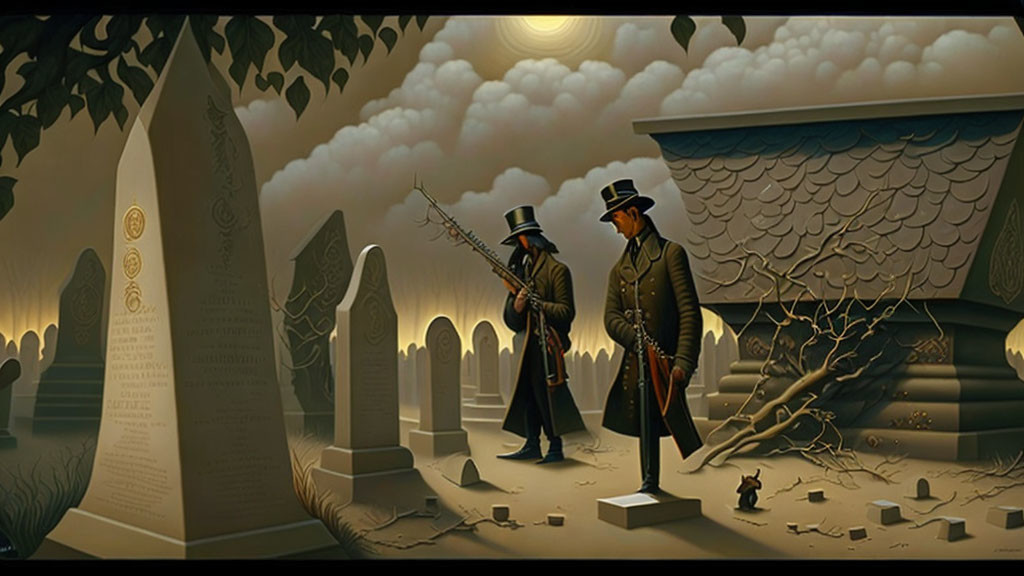 Period-dressed men in cemetery with rifles, gravestones, angel statue, and bare trees under