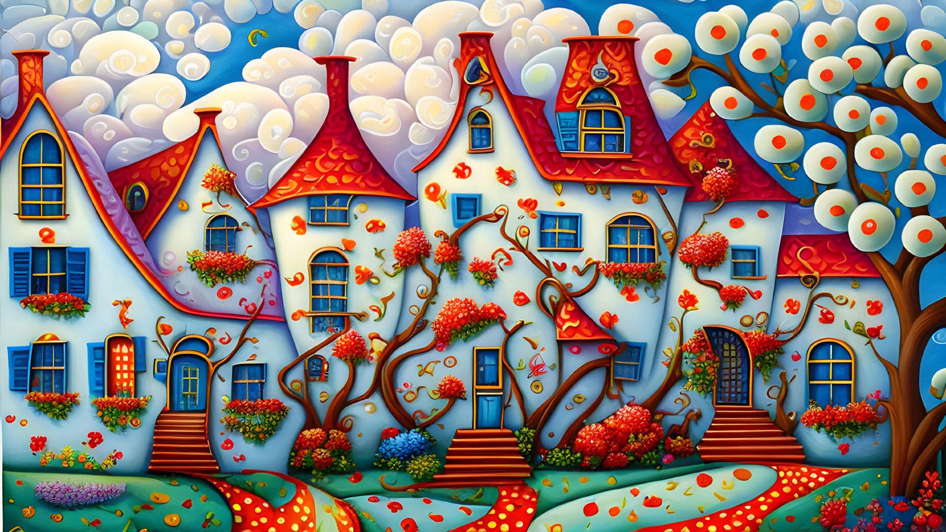 Colorful Stylized Houses with Red Roofs in Whimsical Illustration