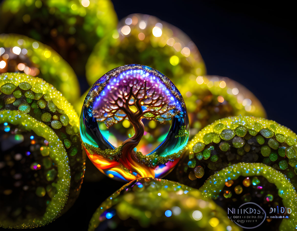 Colorful Macro Shot of Crystal Ball Reflecting Tree and Green Spheres