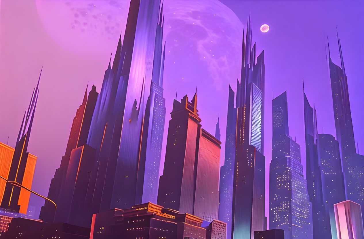 Futuristic cityscape with towering skyscrapers at dusk