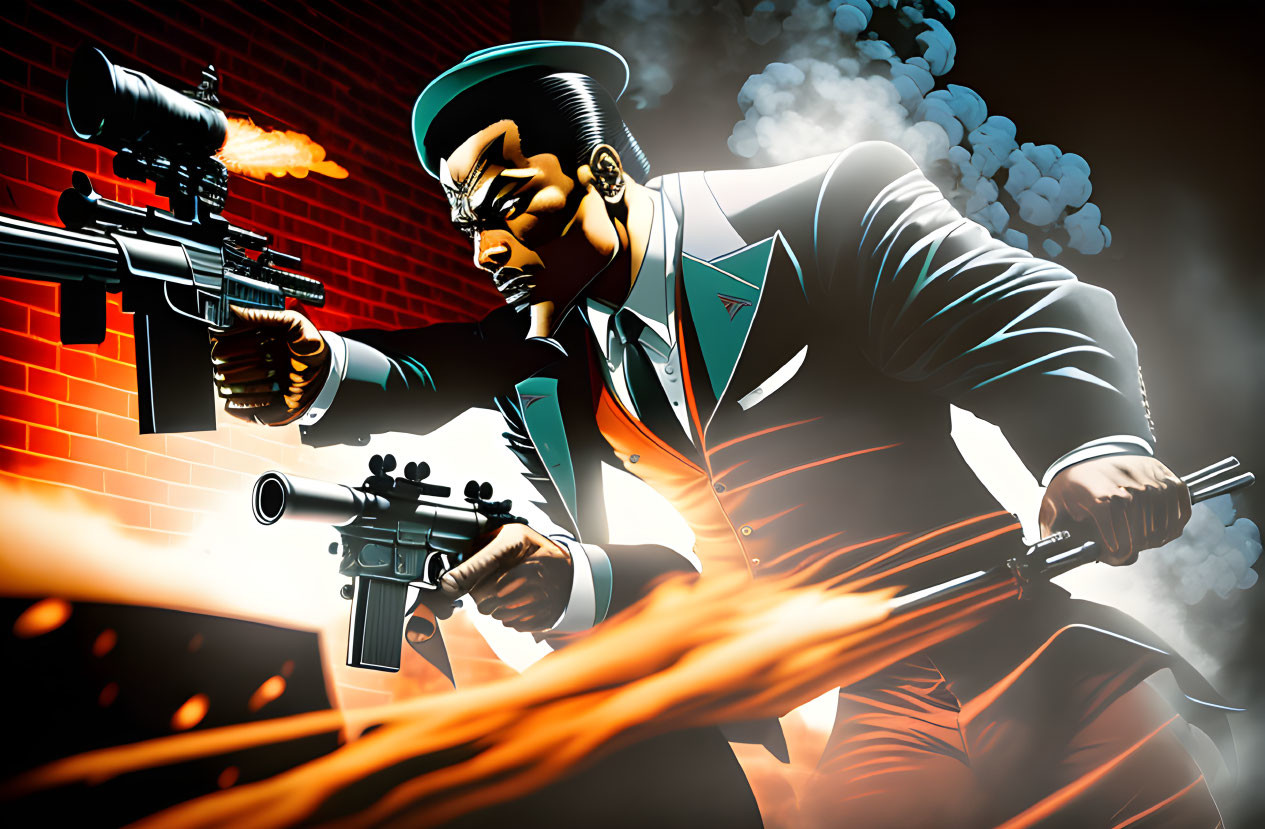 Stylish man in blue suit firing two guns with explosive action on dramatic backdrop