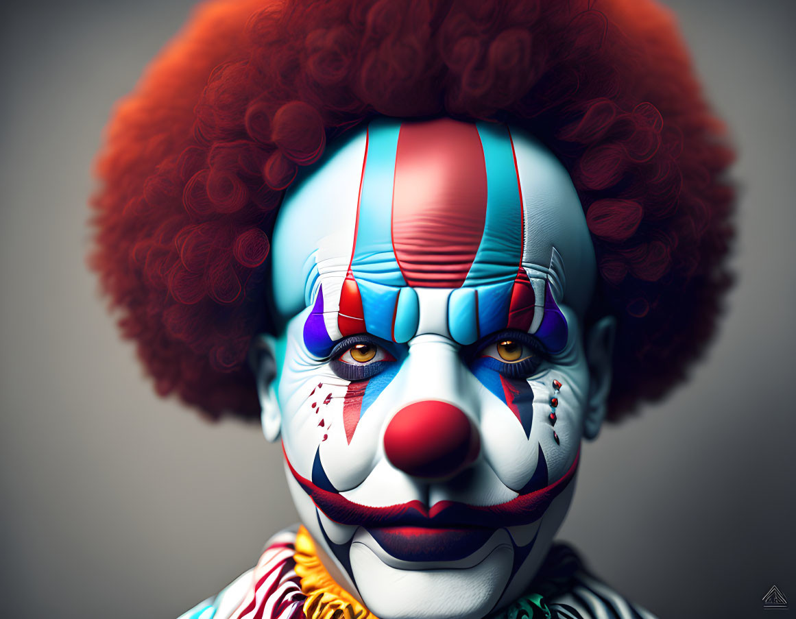 Colorful Clown with Red Wig and Face Paint on Grey Background