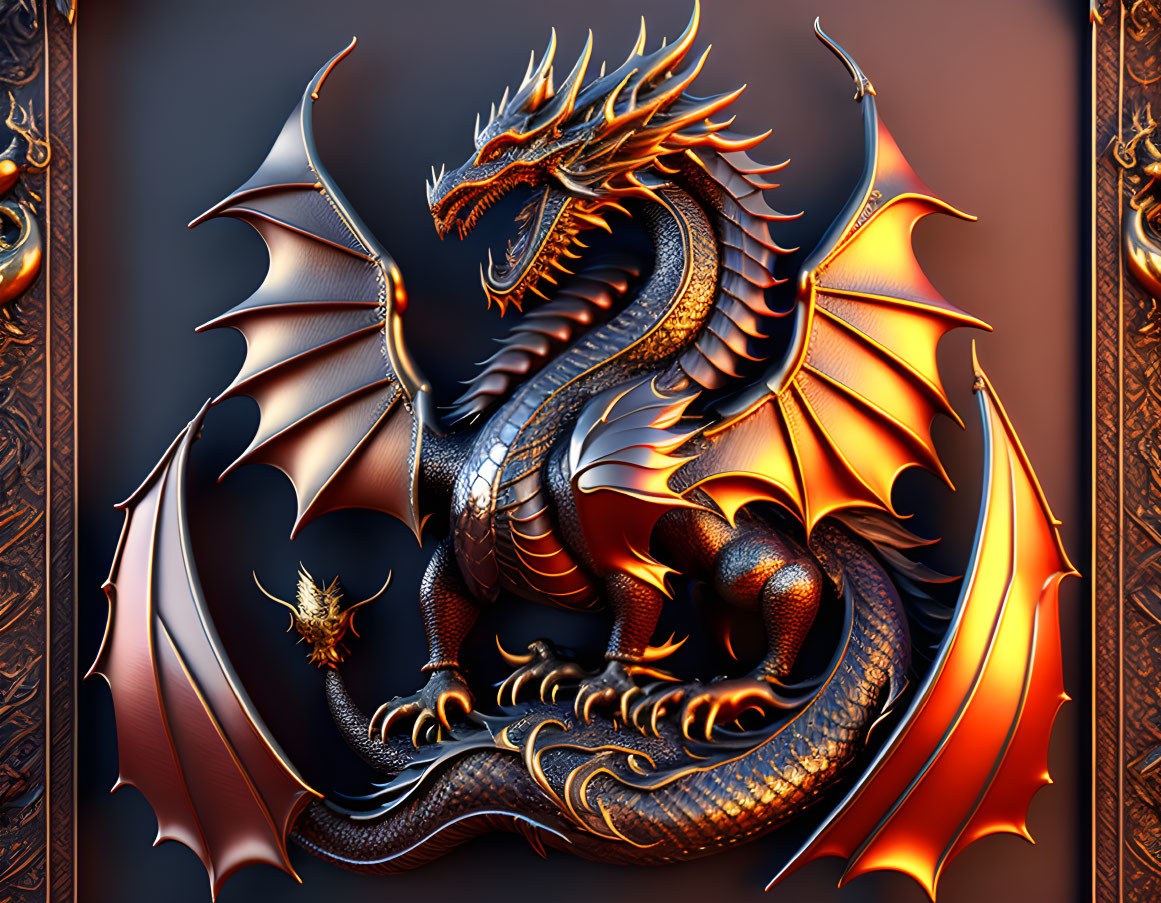 Majestic dragon with gleaming scales and spread wings on ornate background