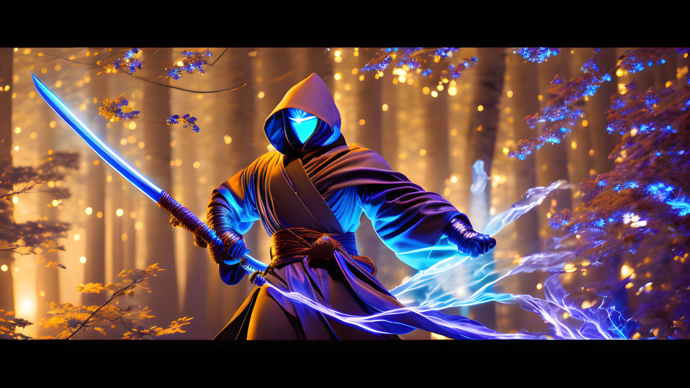 Hooded figure with glowing sword in enchanted forest with blue mist