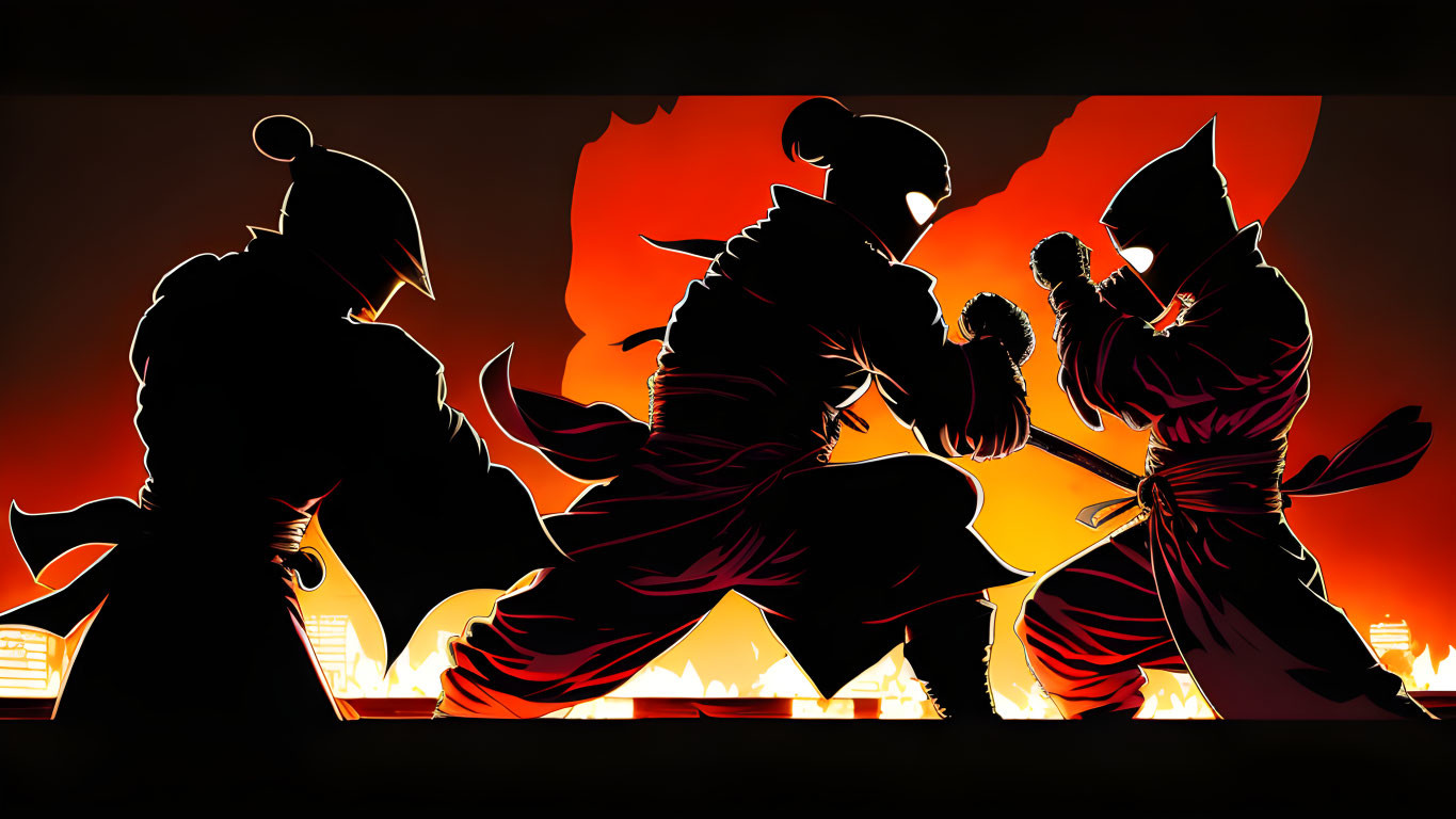 Silhouetted martial arts showdown against fiery backdrop