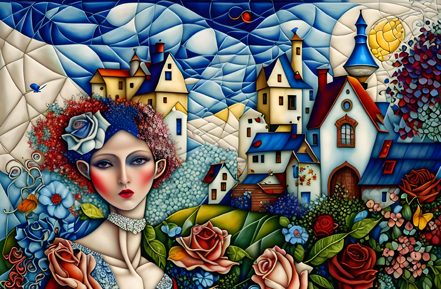 Colorful portrait of woman with red lips and floral hat in whimsical village scene