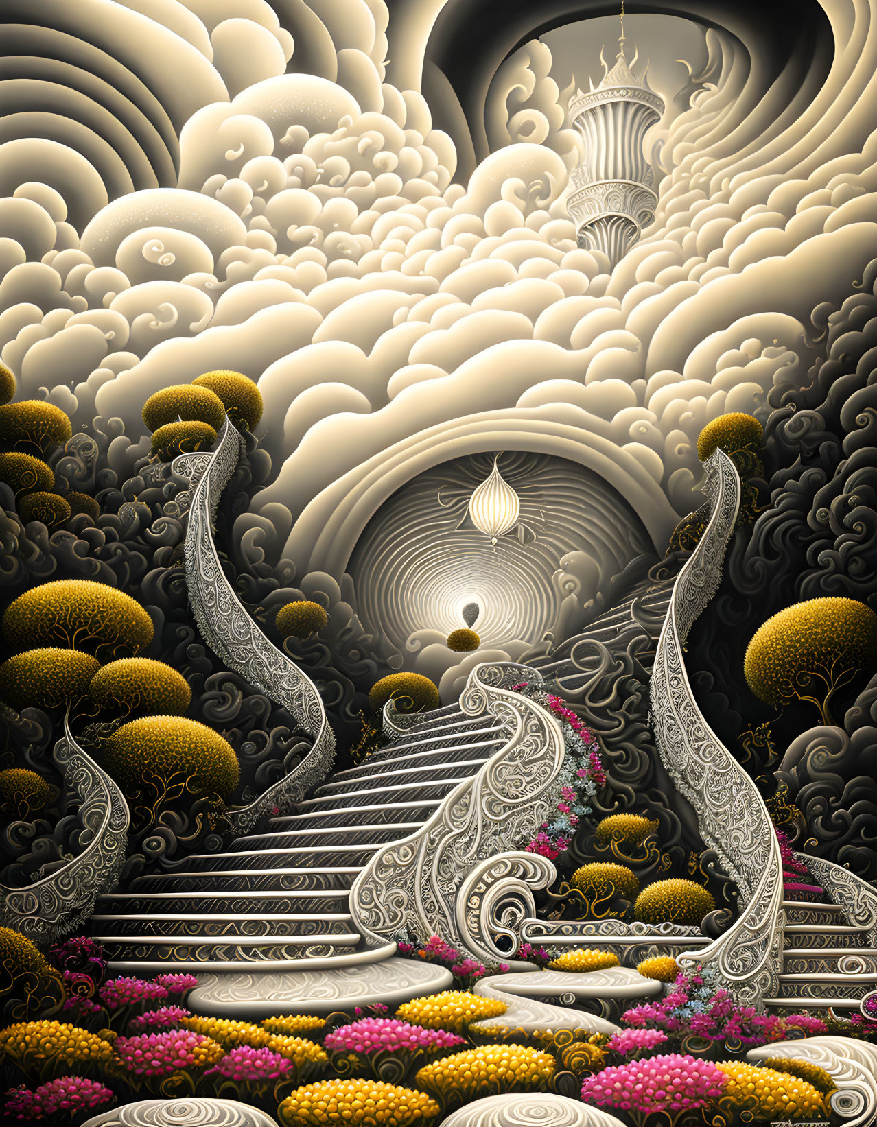 Ornate stairway in surreal artwork with golden trees and mystical tower